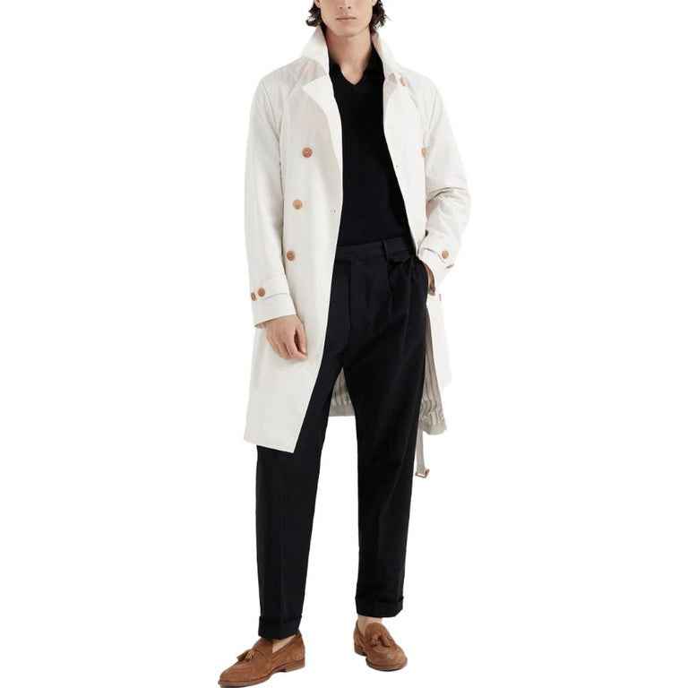 BRUNELLO CUCINELLI MEN'S IVORY DOUBLE-BREASTED TRENCH COAT