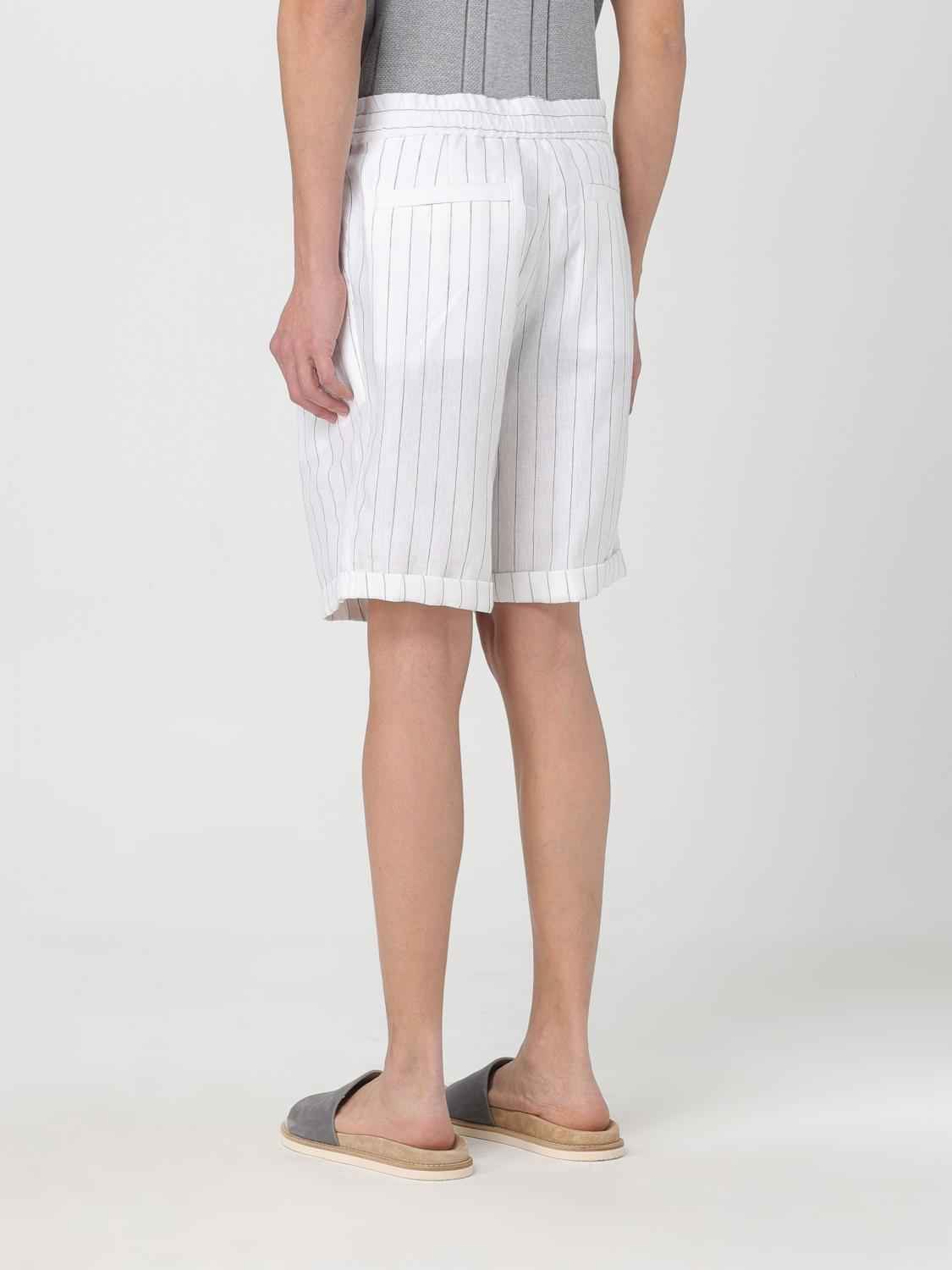 BRUNELLO CUCINELLI MEN'S WHITE LINEN STRIPED TAILORED SHORTS