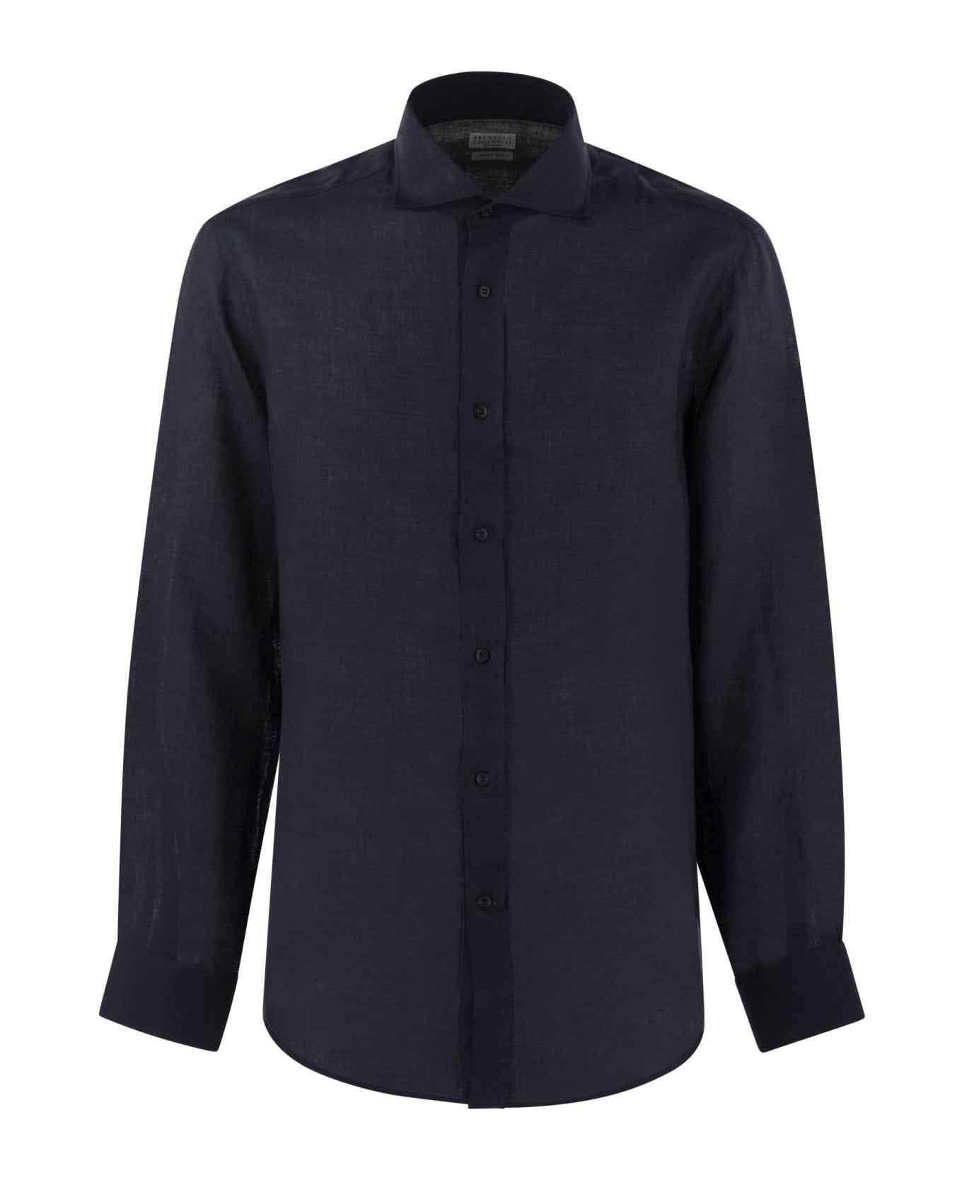 BRUNELLO CUCINELLI MEN'S NAVY LINEN BUTTON-UP SHIRT