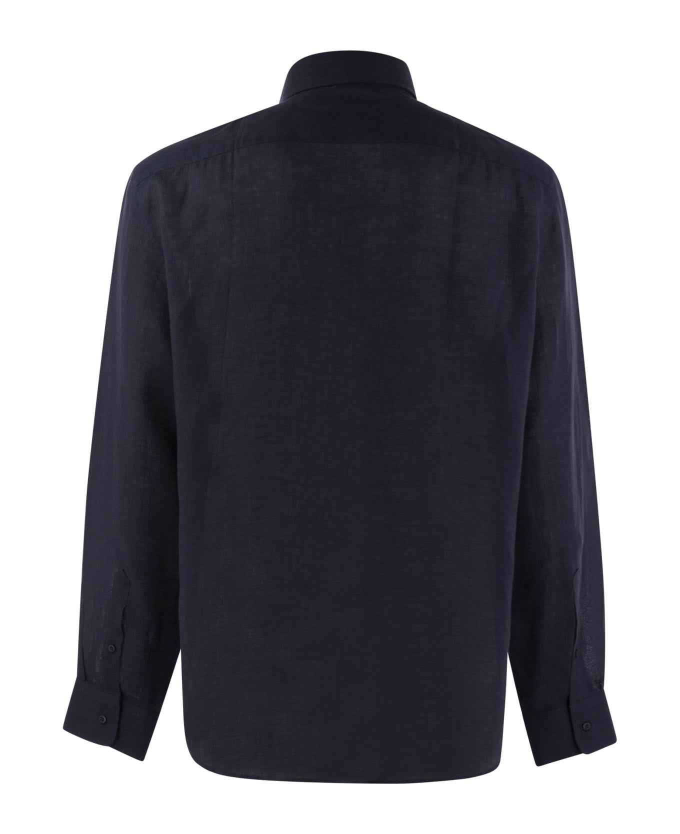BRUNELLO CUCINELLI MEN'S NAVY LINEN BUTTON-UP SHIRT