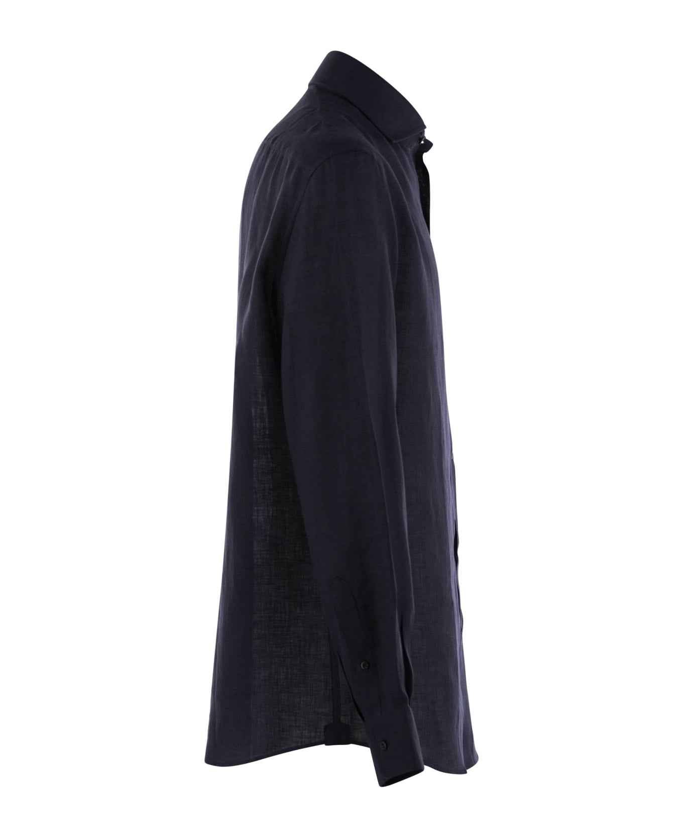 BRUNELLO CUCINELLI MEN'S NAVY LINEN BUTTON-UP SHIRT