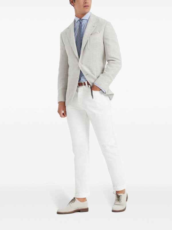 BRUNELLO CUCINELLI MEN'S WHITE AND LIGHT BLUE STRIPED SHIRT
