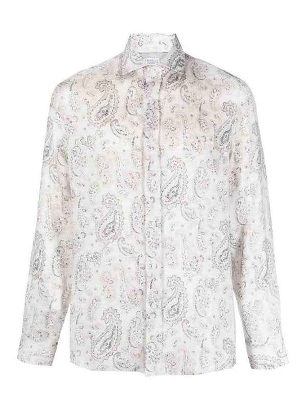 BRUNELLO CUCINELLI MEN'S WHITE PAISLEY LINEN SHIRT