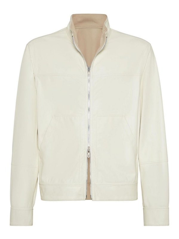 BRUNELLO CUCINELLI MEN'S IVORY LEATHER ZIP JACKET