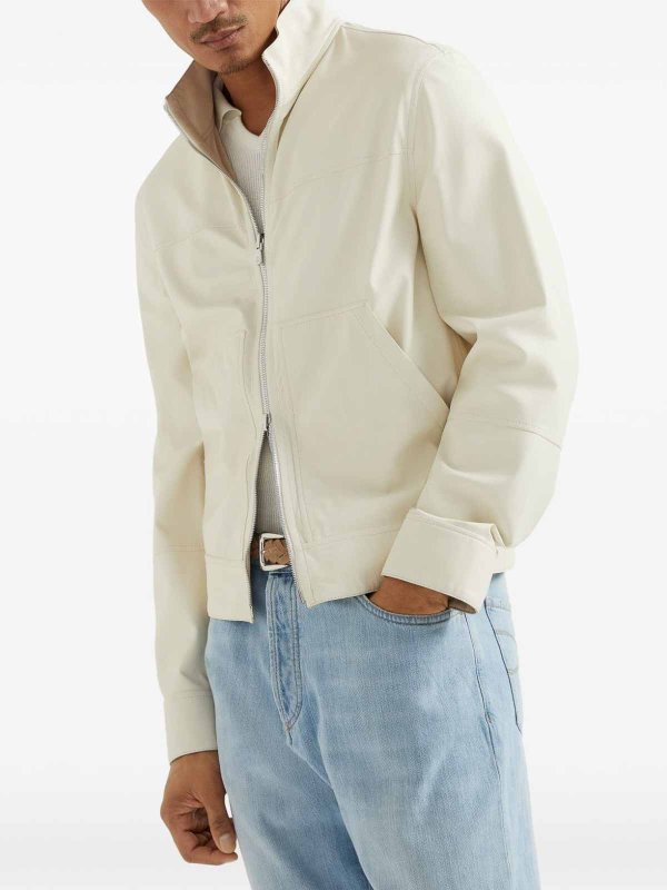 BRUNELLO CUCINELLI MEN'S IVORY LEATHER ZIP JACKET