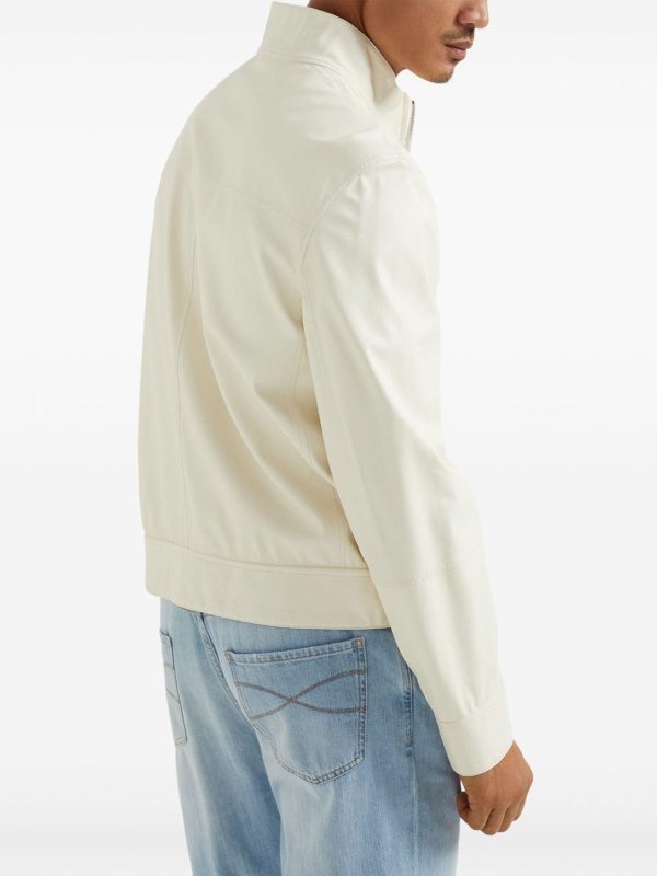 BRUNELLO CUCINELLI MEN'S IVORY LEATHER ZIP JACKET