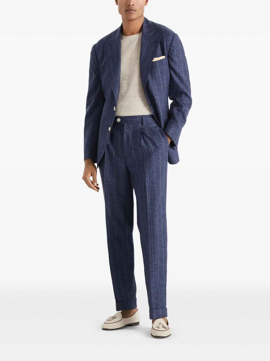 BRUNELLO CUCINELLI MEN'S NAVY WOOL PINSTRIPE TROUSERS