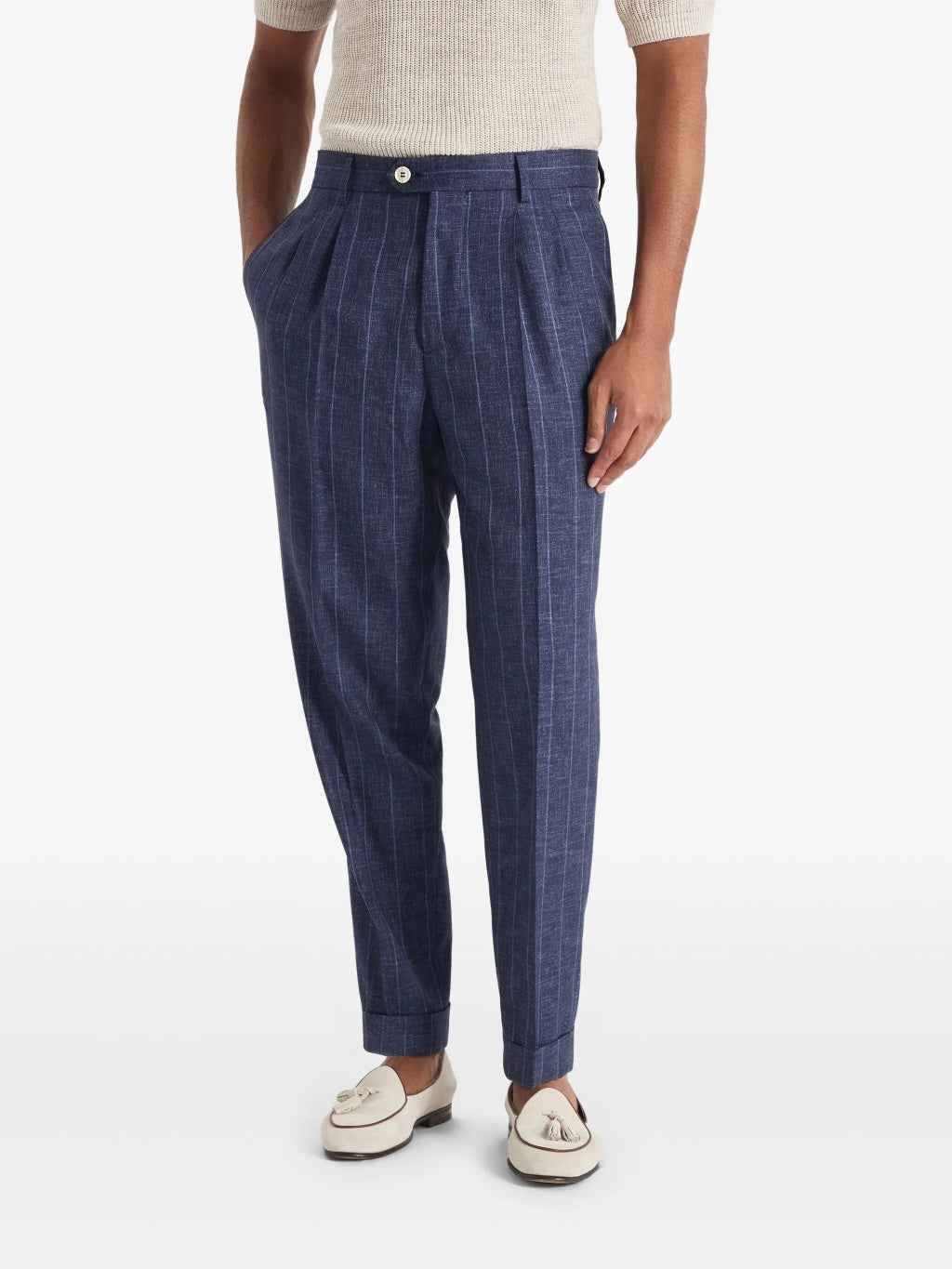 BRUNELLO CUCINELLI MEN'S NAVY WOOL PINSTRIPE TROUSERS