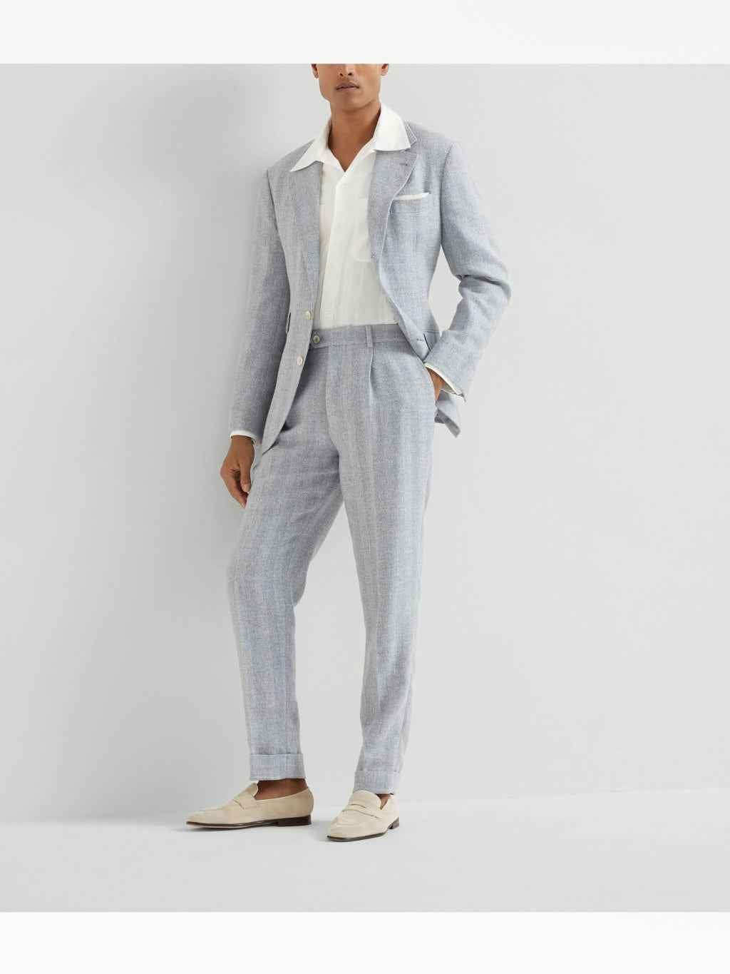 BRUNELLO CUCINELLI MEN'S DUST LINEN SILK WOOL TROUSERS