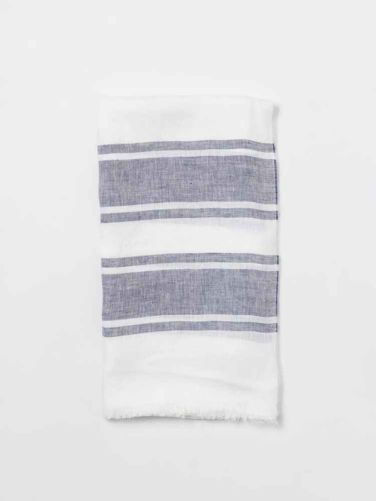 BRUNELLO CUCINELLI MEN'S WHITE AND BLUE LINEN STRIPED SCARF
