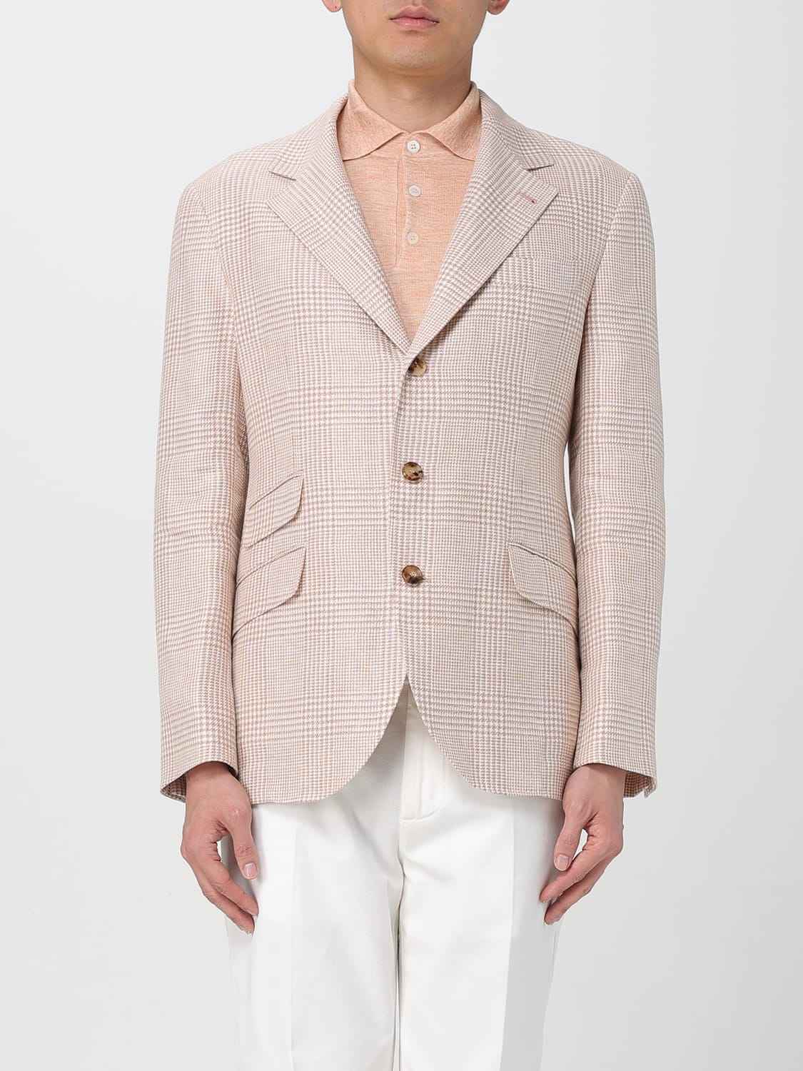BRUNELLO CUCINELLI MEN'S PAPAYA LINEN WOOL PLAID BLAZER