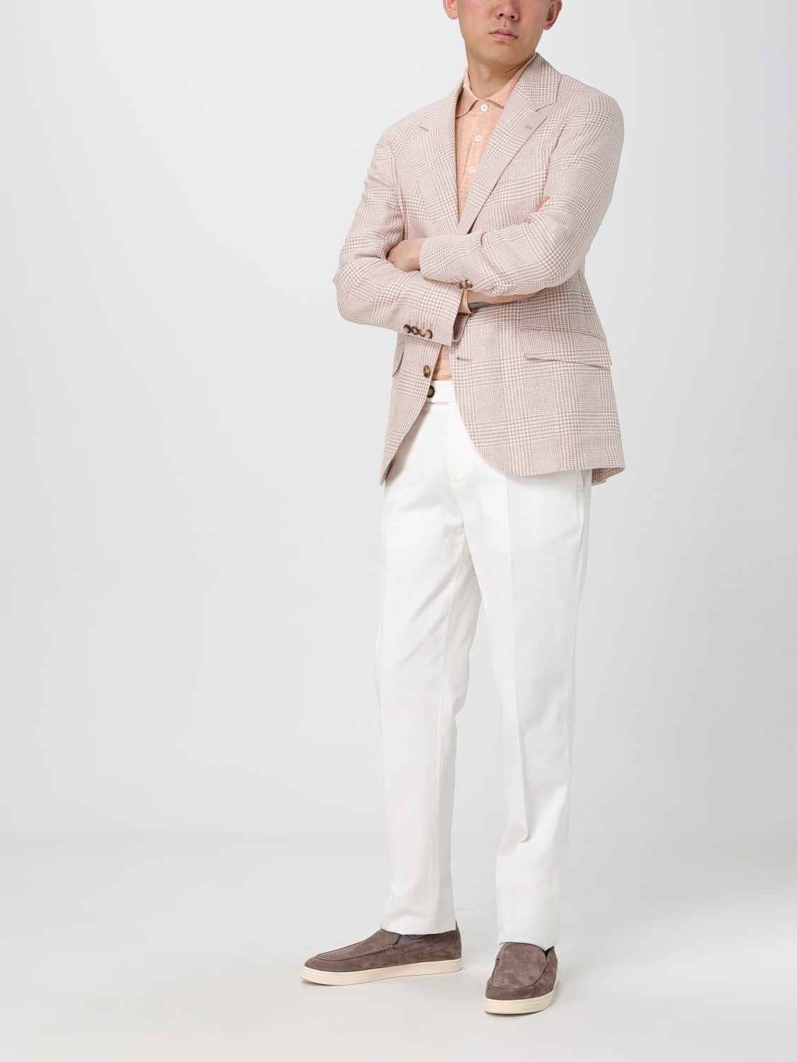 BRUNELLO CUCINELLI MEN'S PAPAYA LINEN WOOL PLAID BLAZER