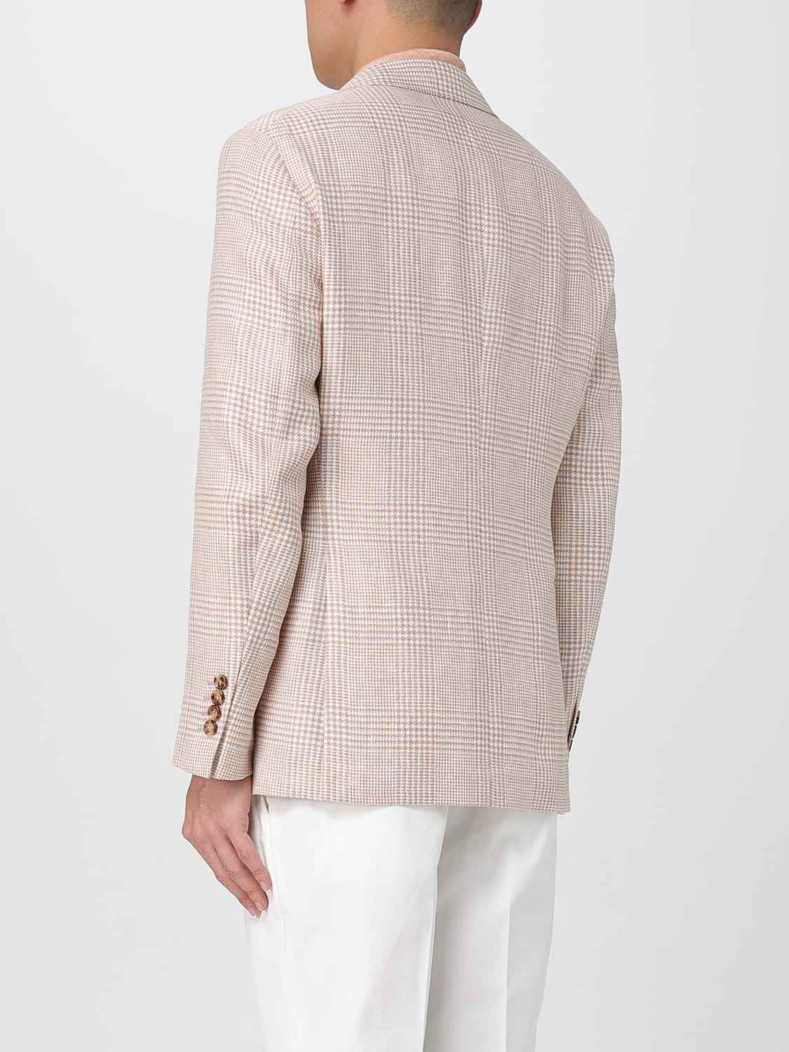 BRUNELLO CUCINELLI MEN'S PAPAYA LINEN WOOL PLAID BLAZER