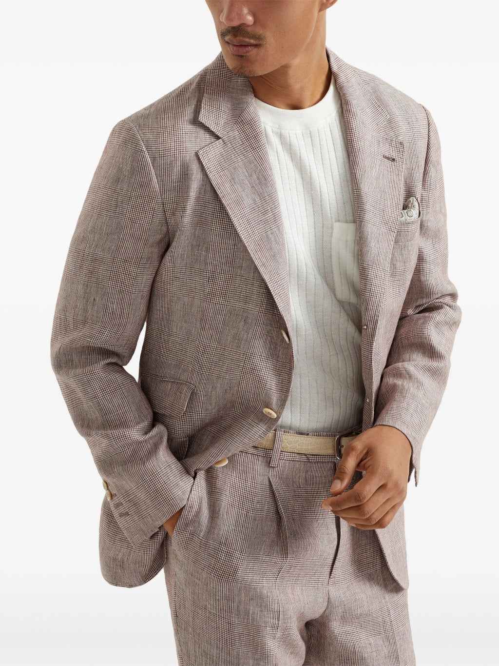 BRUNELLO CUCINELLI MEN'S GREY LINEN CHECK BLAZER