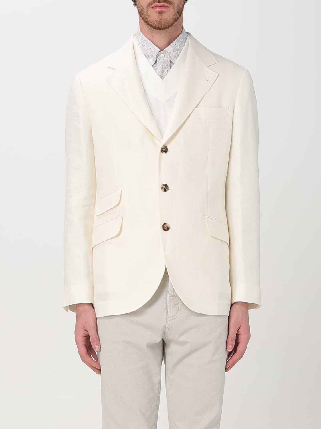 BRUNELLO CUCINELLI MEN'S OFF WHITE LINEN WOOL BLAZER