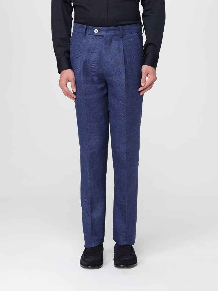BRUNELLO CUCINELLI MEN'S INDIGO LINEN WOOL TAILORED TROUSERS