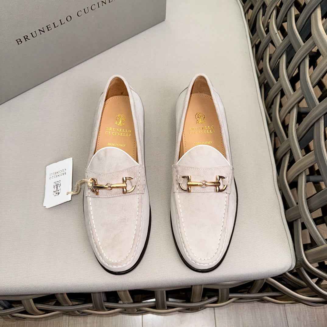 BRUNELLO CUCINELLI MEN'S MILK LEATHER LOAFERS WITH METAL DETAIL