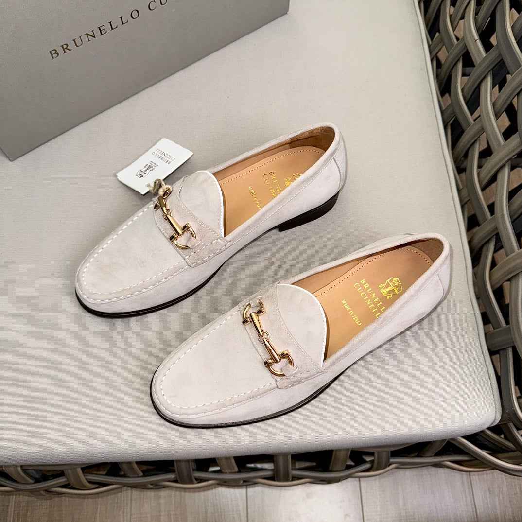 BRUNELLO CUCINELLI MEN'S MILK LEATHER LOAFERS WITH METAL DETAIL