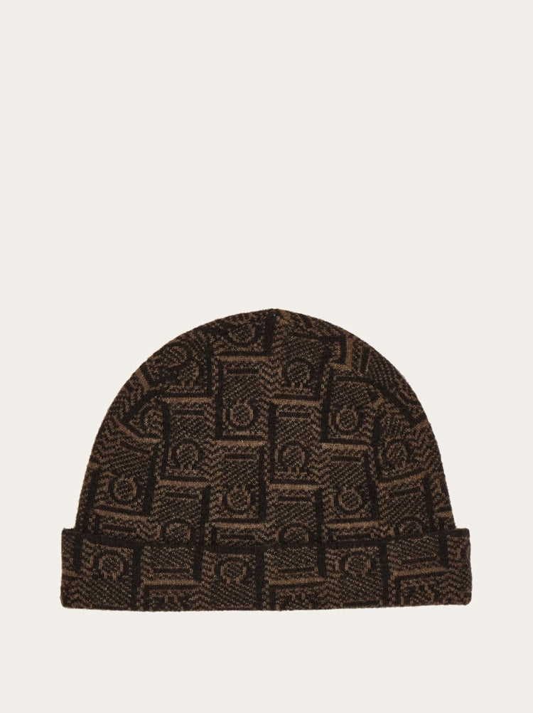 FERRAGAMO MEN'S BROWN WOOL JACQUARD HAT