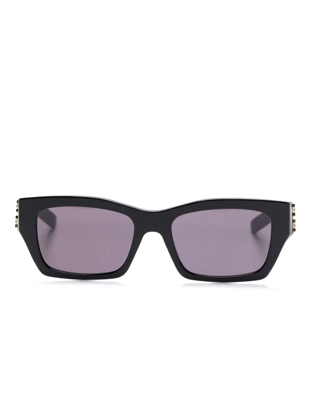 Black cat-eye sunglasses with dark gray lenses and small gold studs on the temples, shown against a plain white background.