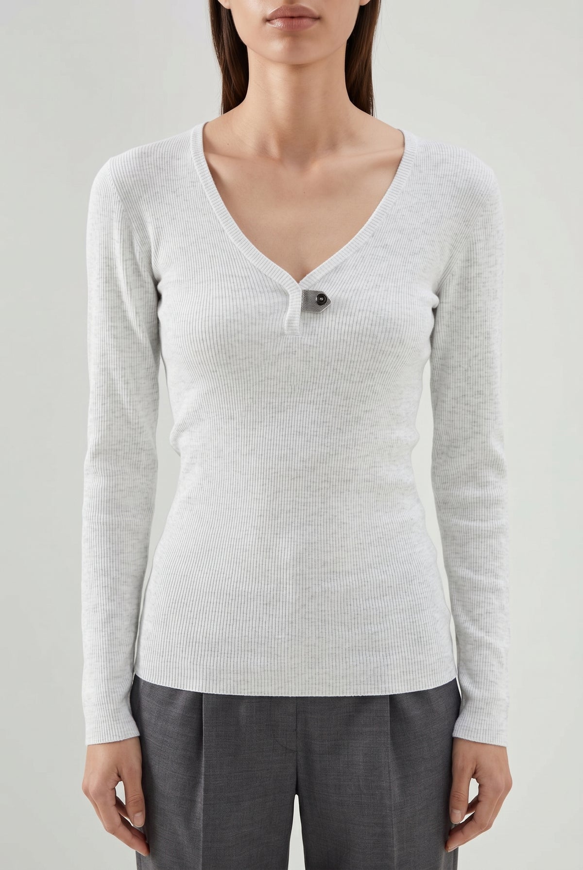 BRUNELLO CUCINELLI WOMEN'S LIGHT GREY RIBBED SHIRT