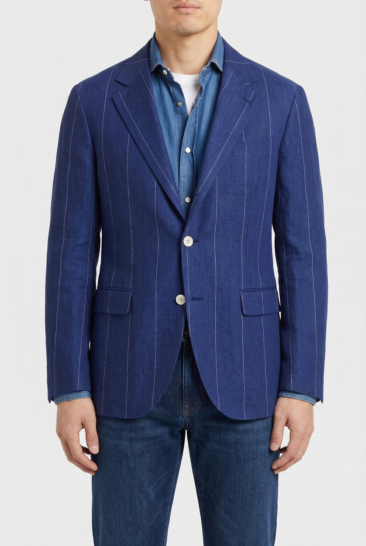 BRUNELLO CUCINELLI MEN'S BLUE LINEN TAILORED BLAZER