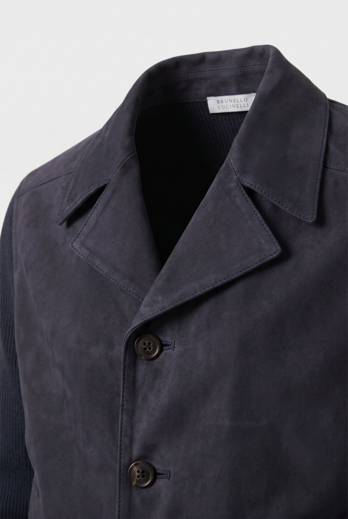 BRUNELLO CUCINELLI MEN'S DARK BLUE LEATHER KNIT JACKET