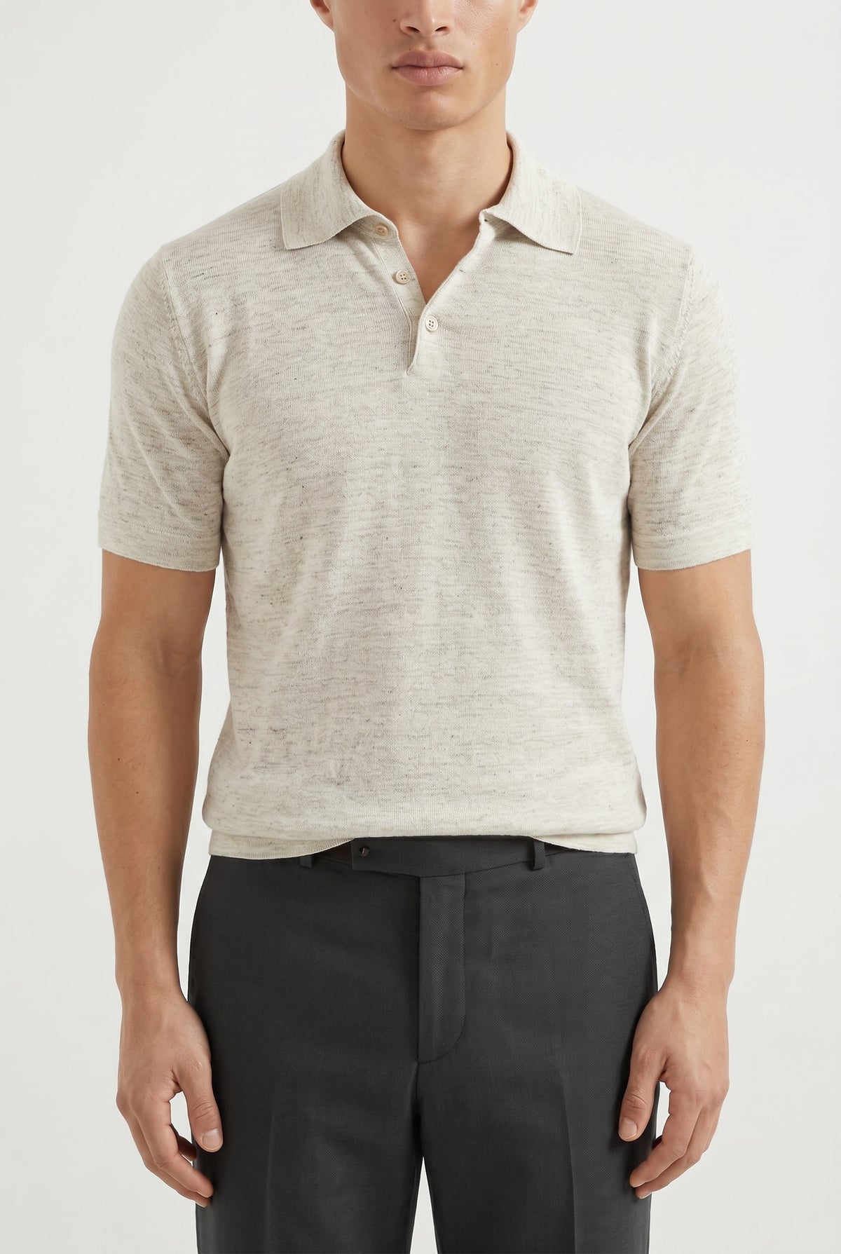 BRUNELLO CUCINELLI MEN'S LIGHT BEIGE LINEN BLEND POLO