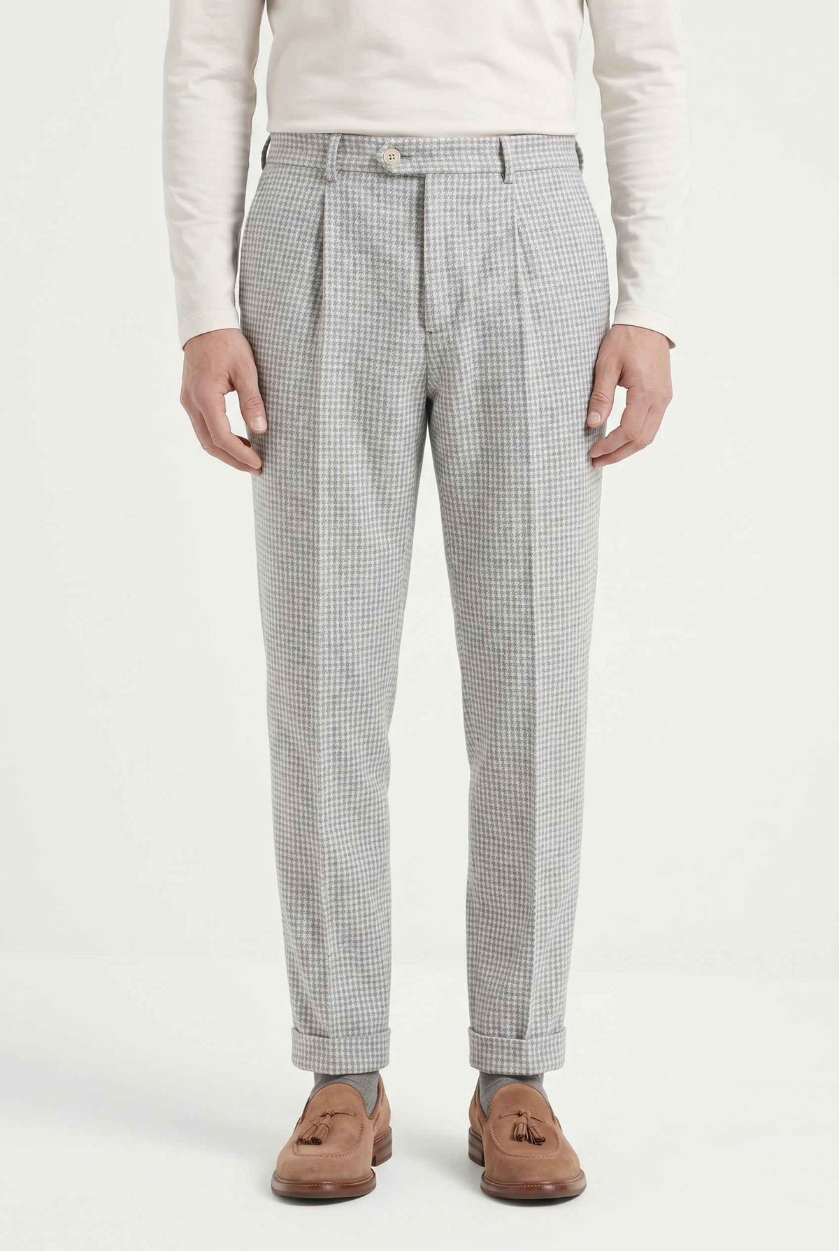 BRUNELLO CUCINELLI MEN'S LIGHT GREY WOOL BLEND TROUSERS