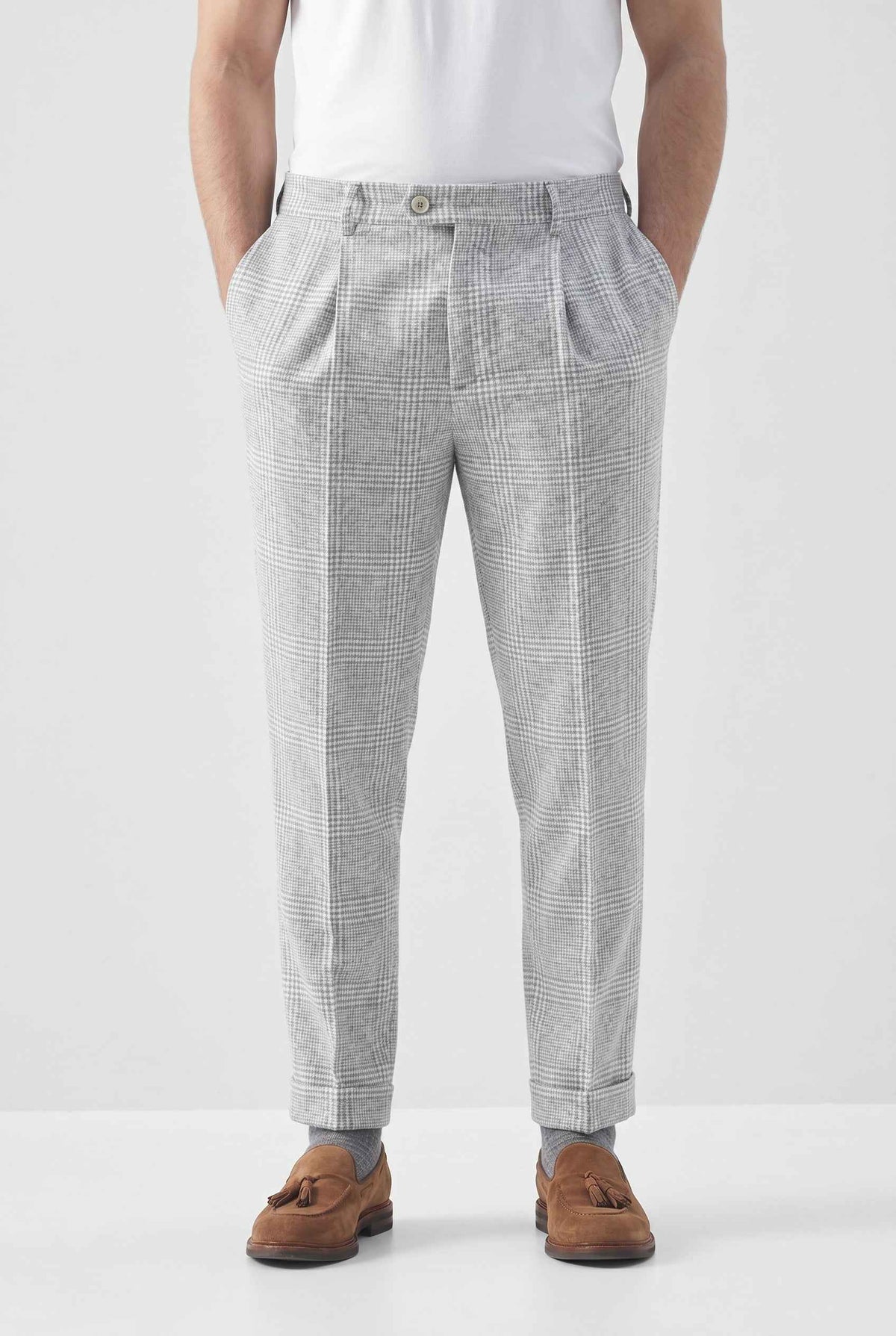 BRUNELLO CUCINELLI MEN'S LIGHT GREY WOOL TROUSERS