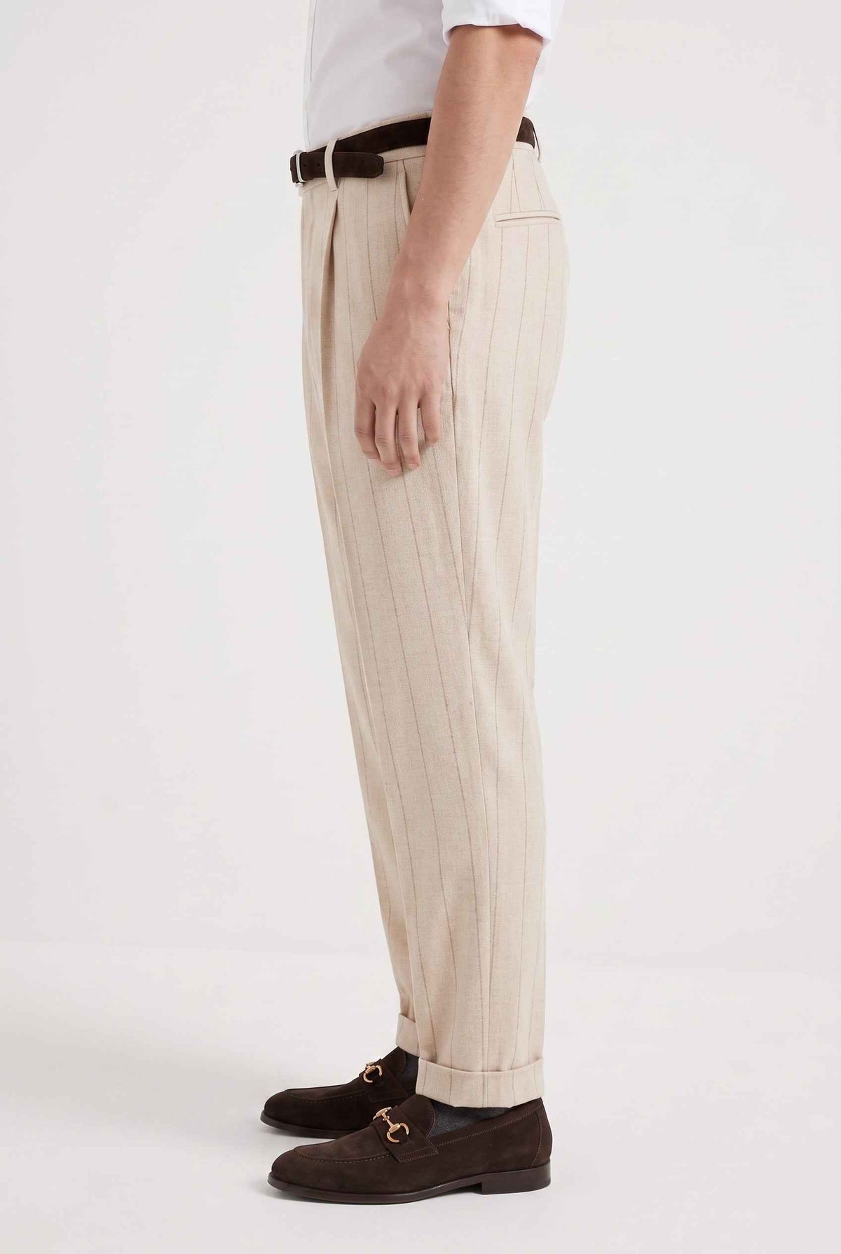 BRUNELLO CUCINELLI MEN'S SAND WOOL PINSTRIPE TROUSERS