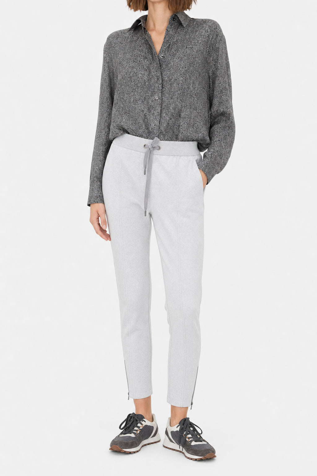 BRUNELLO CUCINELLI WOMEN'S LIGHT GREY COTTON TROUSERS