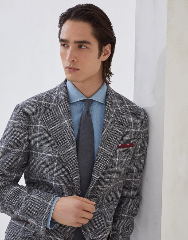 BRUNELLO CUCINELLI MEN'S ANTHRACITE WINDOWPANE WOOL BLEND BLAZER