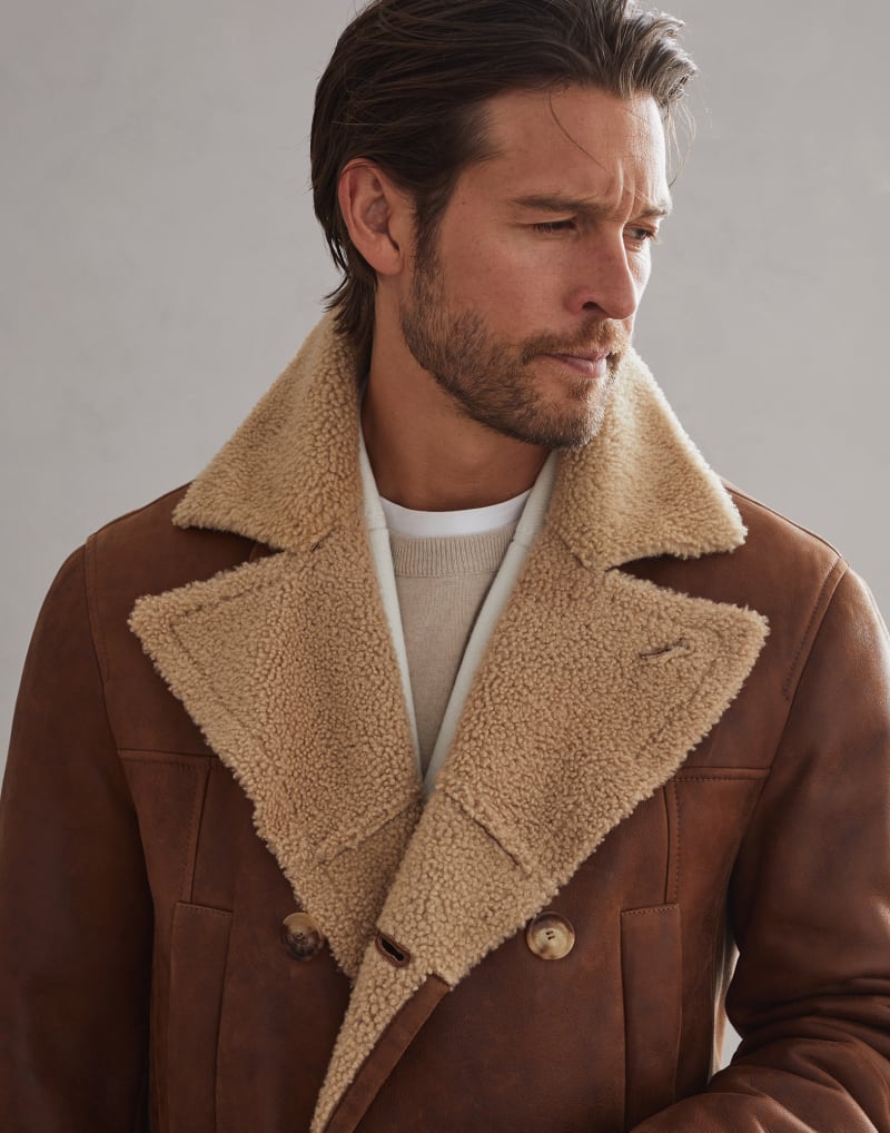 BRUNELLO CUCINELLI MEN'S CHOCOLATE SHEARLING DOUBLE BREASTED JACKET