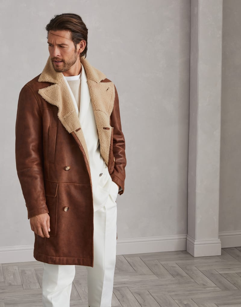 BRUNELLO CUCINELLI MEN'S CHOCOLATE SHEARLING DOUBLE BREASTED JACKET