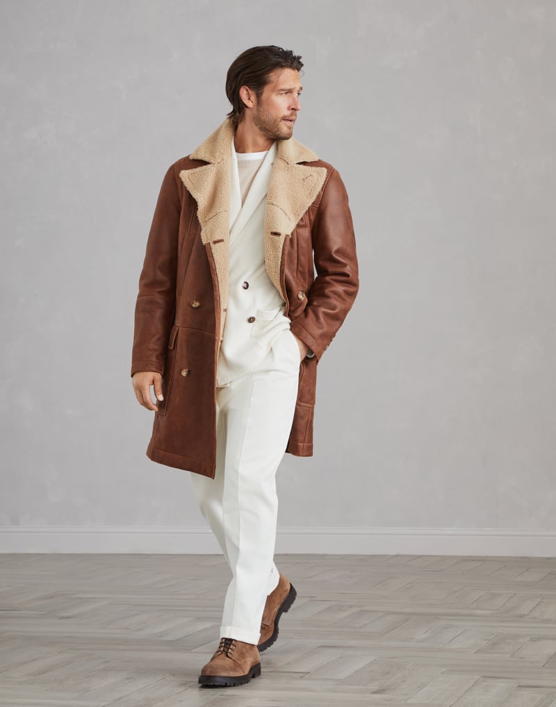 BRUNELLO CUCINELLI MEN'S CHOCOLATE SHEARLING DOUBLE BREASTED JACKET