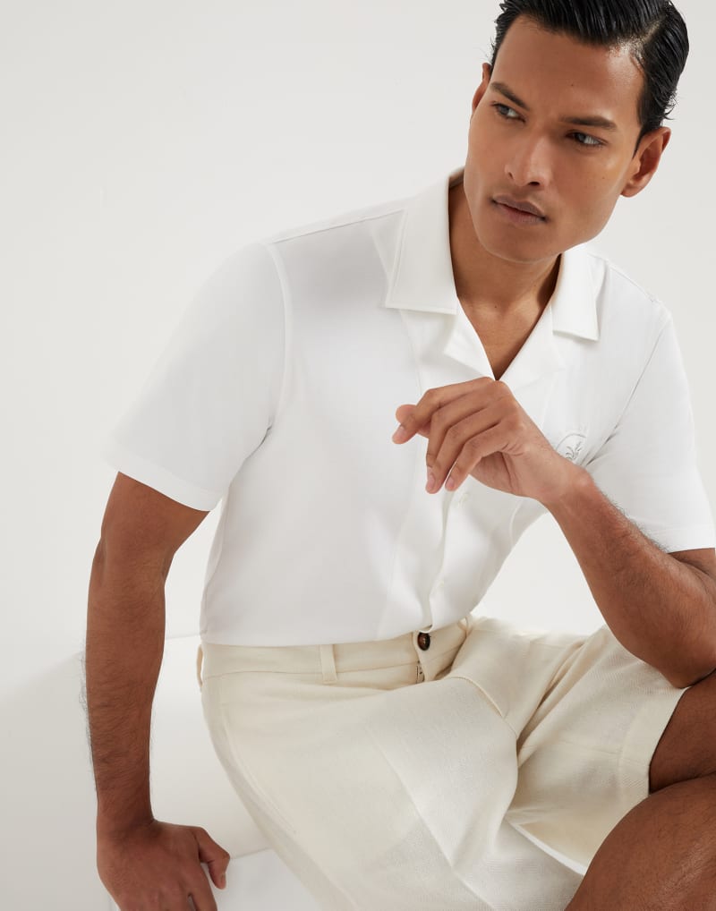BRUNELLO CUCINELLI MEN'S OPTICAL WHITE SHORT SLEEVE COTTON SHIRT