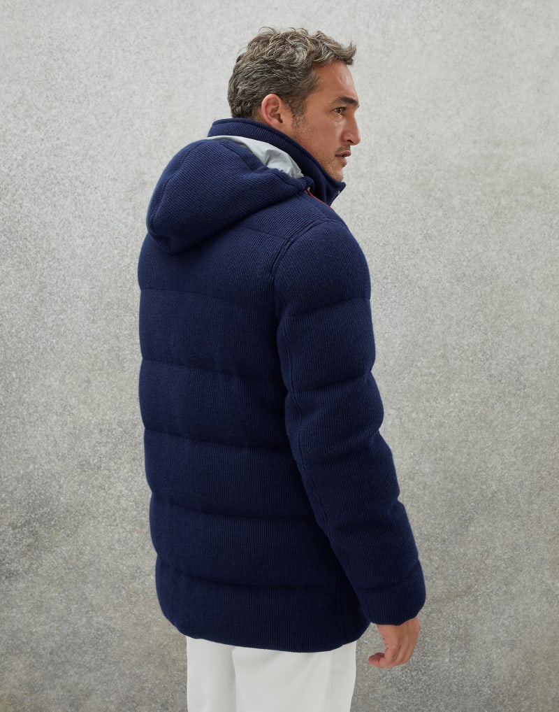 BRUNELLO CUCINELLI MEN'S DARK BLUE WOOL PADDED HOODED JACKET