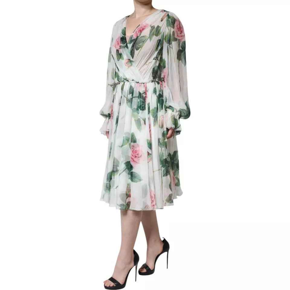 Dolce & Gabbana White Silk Floral Print A-line Midi Dress