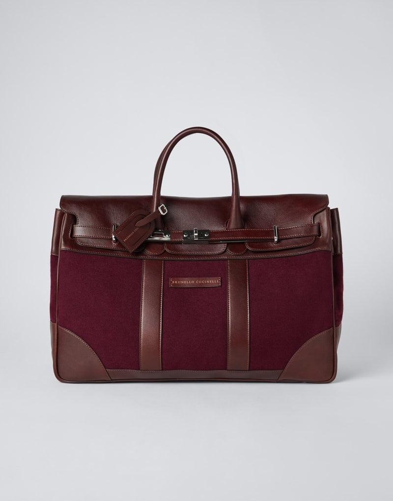 BRUNELLO CUCINELLI MEN'S BURGUNDY LEATHER CANVAS BAG