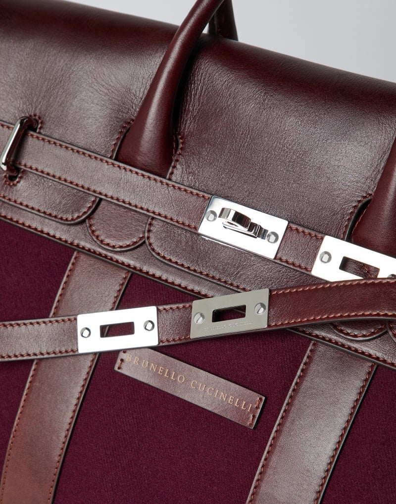 BRUNELLO CUCINELLI MEN'S BURGUNDY LEATHER CANVAS BAG
