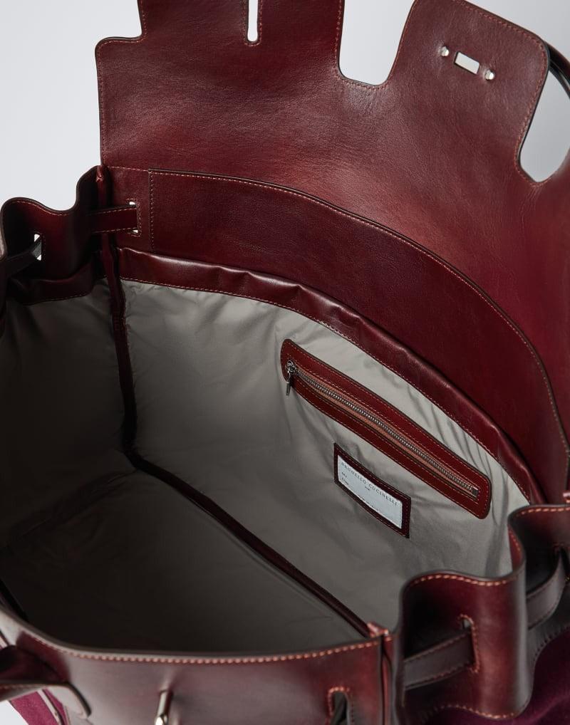 BRUNELLO CUCINELLI MEN'S BURGUNDY LEATHER CANVAS BAG