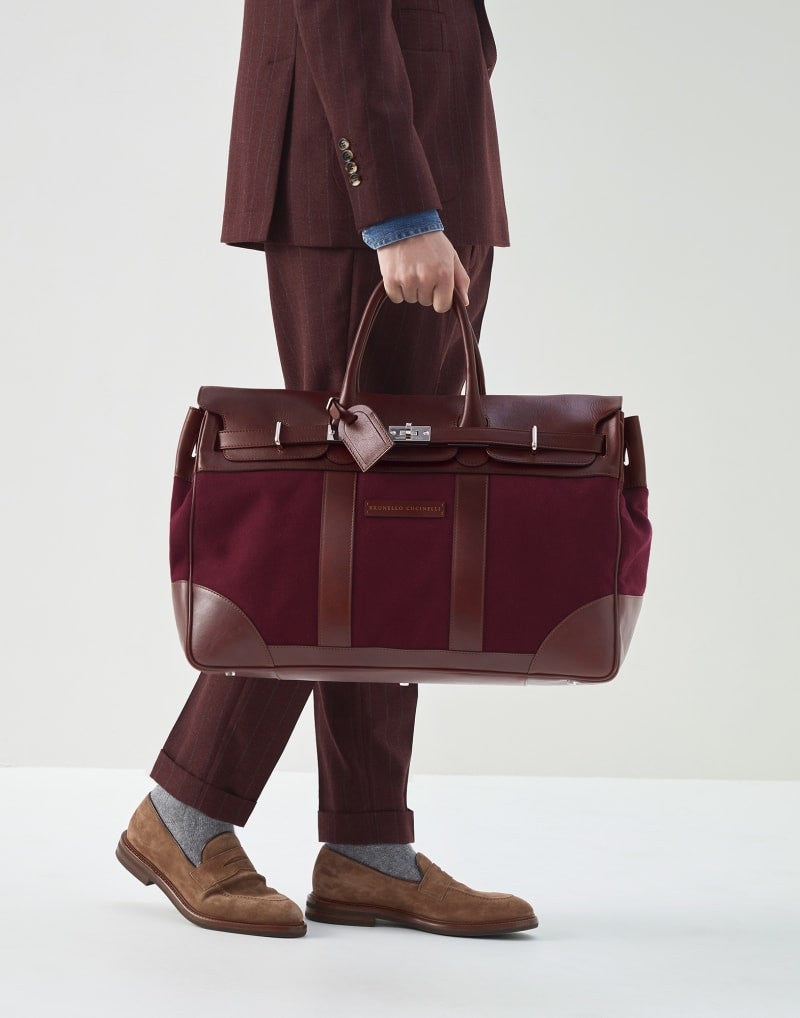 BRUNELLO CUCINELLI MEN'S BURGUNDY LEATHER CANVAS BAG