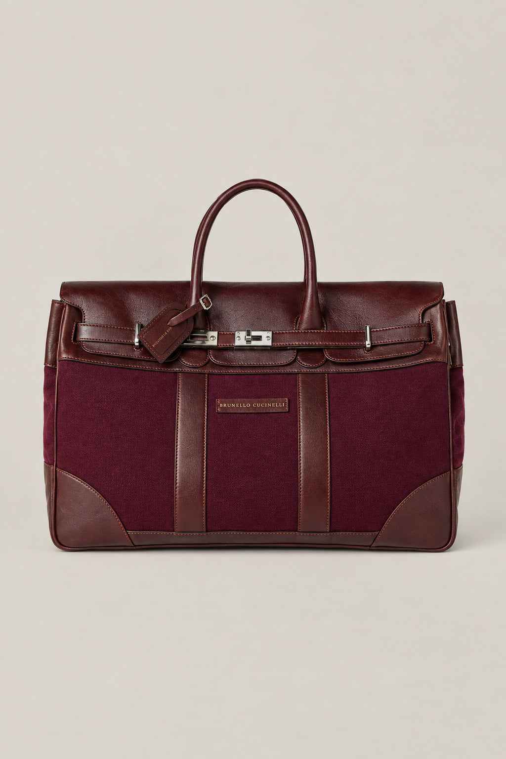 BRUNELLO CUCINELLI MEN'S BURGUNDY LEATHER CANVAS BAG
