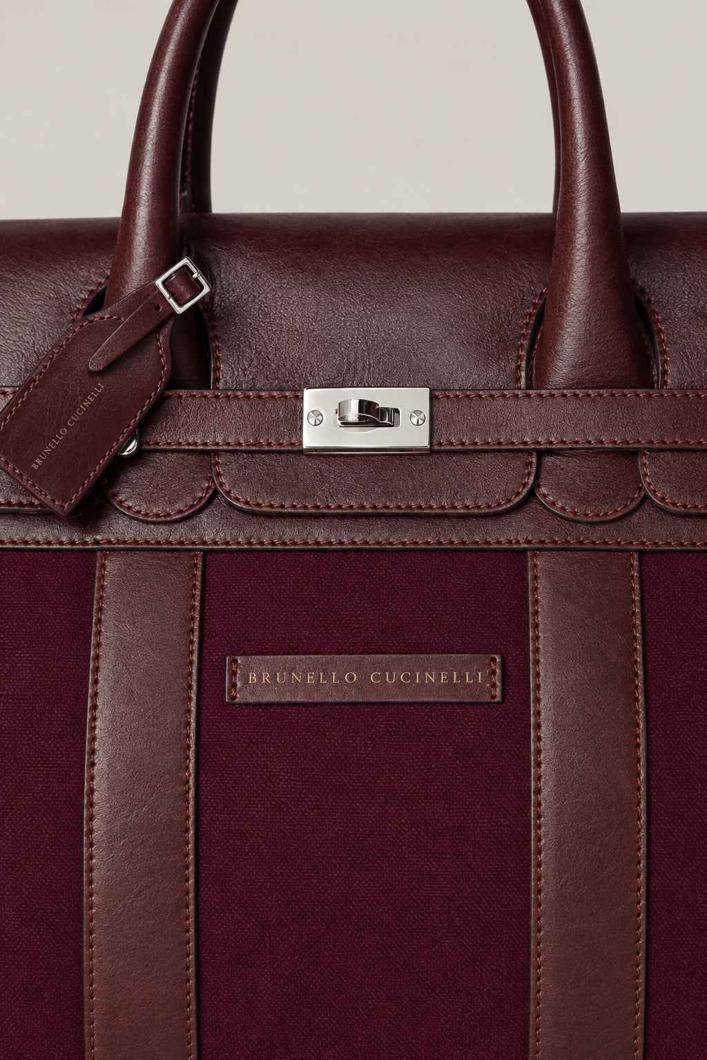 BRUNELLO CUCINELLI MEN'S BURGUNDY LEATHER CANVAS BAG
