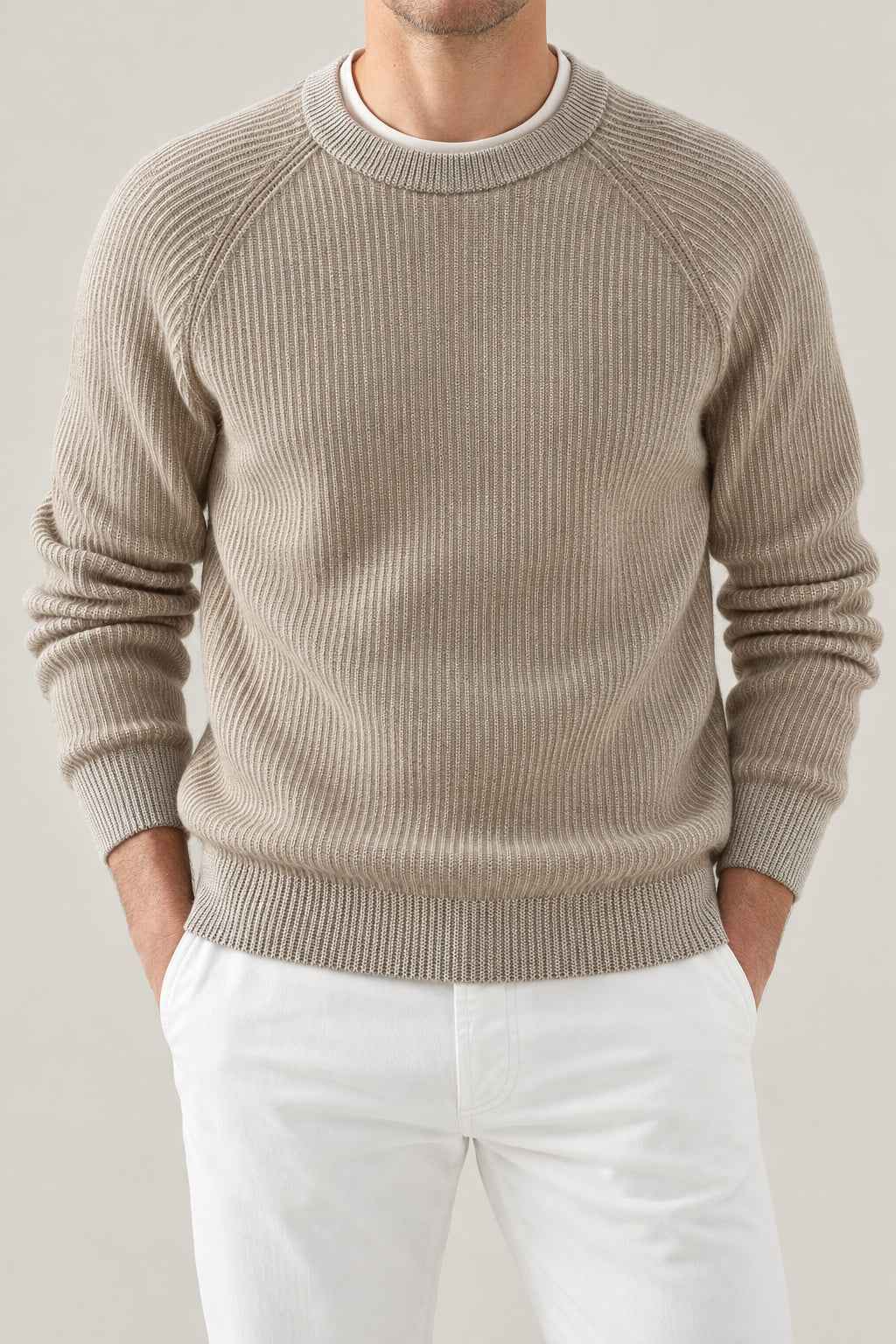 BRUNELLO CUCINELLI MEN'S BEIGE RIBBED KNIT SWEATER