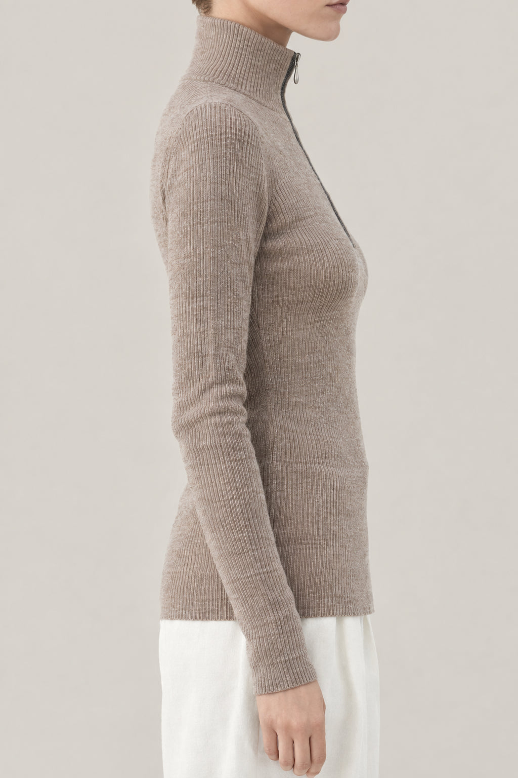 BRUNELLO CUCINELLI WOMEN'S BROWN WOOL BLEND ZIP MOCK NECK SWEATER