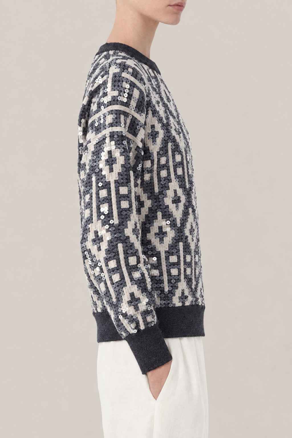 BRUNELLO CUCINELLI WOMEN'S BLACK STONE WOOL SILK JACQUARD SWEATER