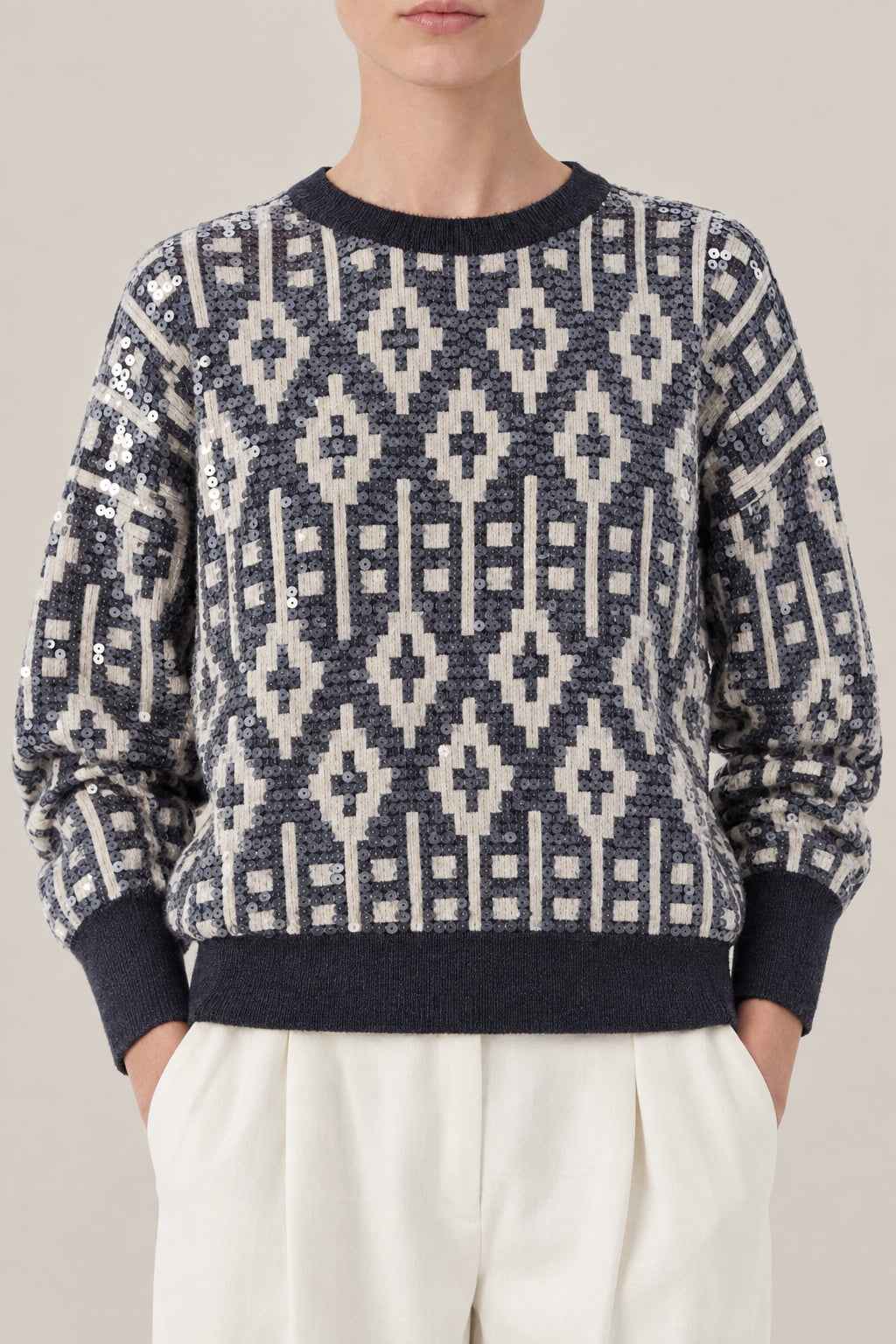 BRUNELLO CUCINELLI WOMEN'S BLACK STONE WOOL SILK JACQUARD SWEATER