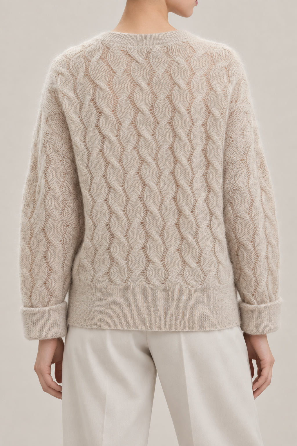 BRUNELLO CUCINELLI WOMEN'S LIGHT BEIGE CABLE KNIT WOOL SWEATER